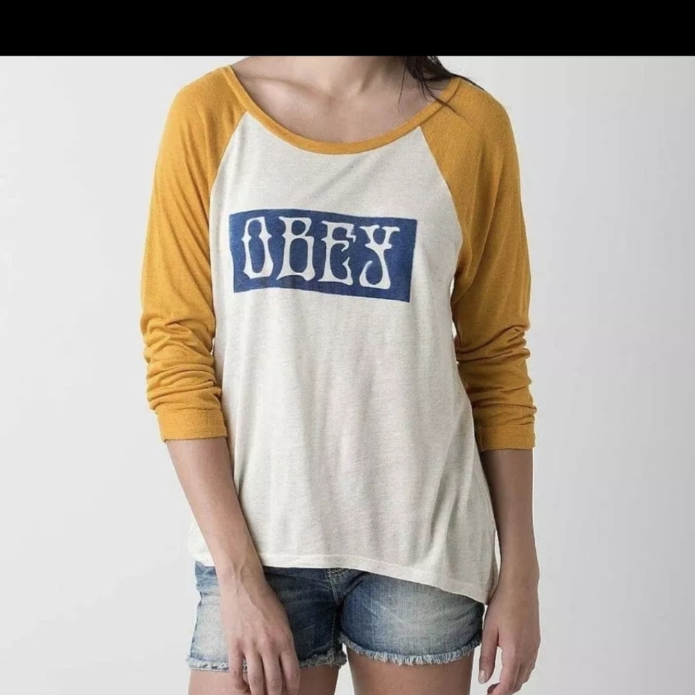 OBEY College Distressed Shirt Womens L Gold